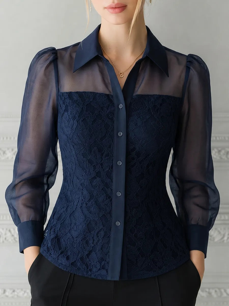 Navy Lace Sheer Sleeve Button Front Blouse