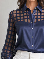 Grid Mesh Patchwork Satin Pearl Buttons Blouse