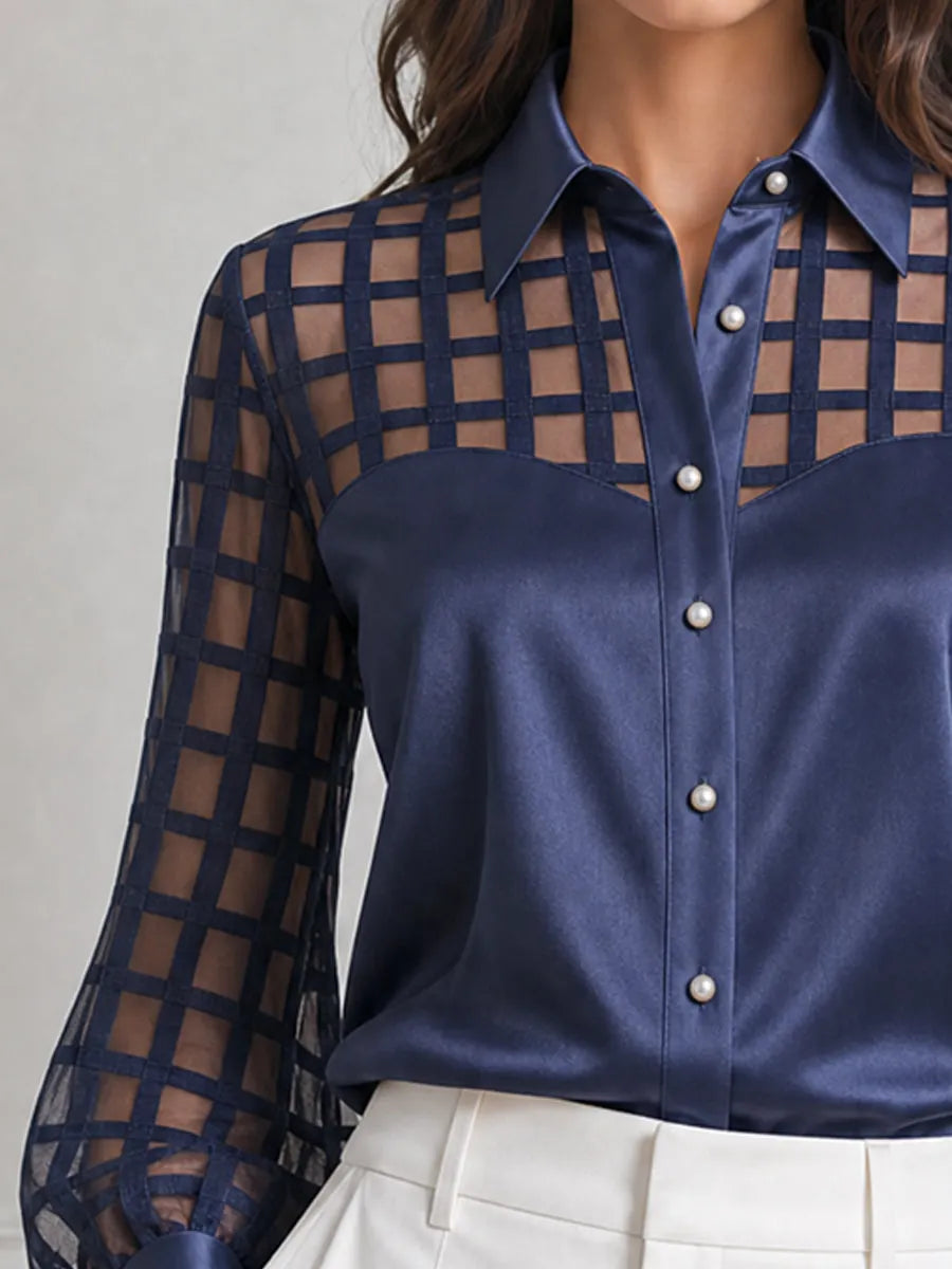 Grid Mesh Patchwork Satin Pearl Buttons Blouse