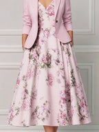 Blush Pink Tailored Blazer & Floral A-Line Midi Dress Set