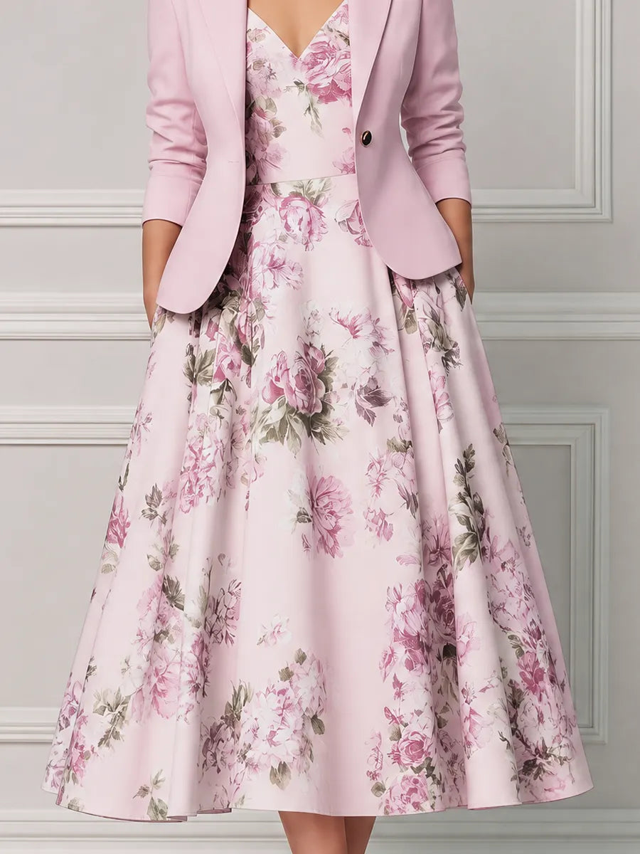Blush Pink Tailored Blazer & Floral A-Line Midi Dress Set