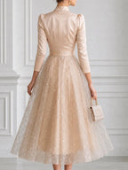 Elegant Bow-Neck Sequin Tulle A-Line Midi Dress