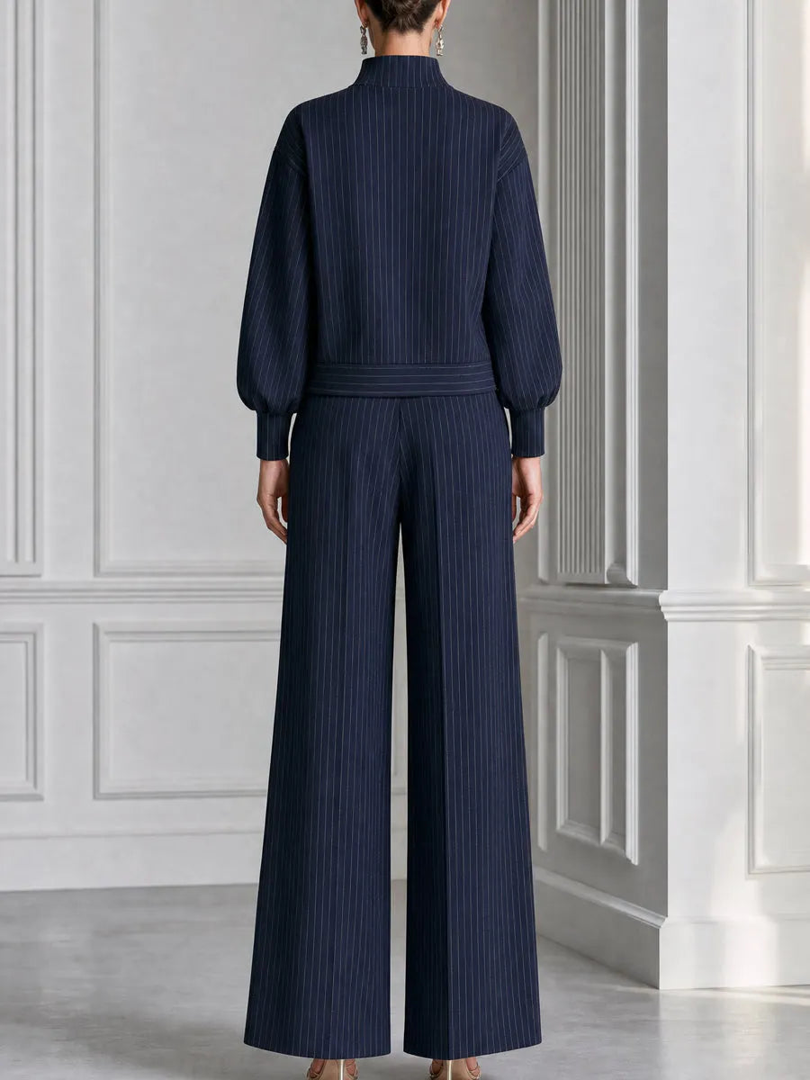Pinstripe Half-Zip Top And Wide-Leg Pants Set