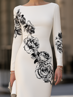 Women's Rose Floral Print Long Sleeve Bateau Neck Bodycon Maxi Dress