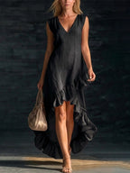 New Fashionable and Romantic Sleeveless V-Neck Cotton-Linen Long Dress with Ruffled Hem
