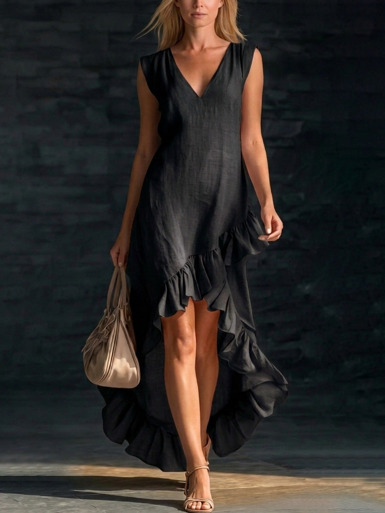 New Fashionable and Romantic Sleeveless V-Neck Cotton-Linen Long Dress with Ruffled Hem