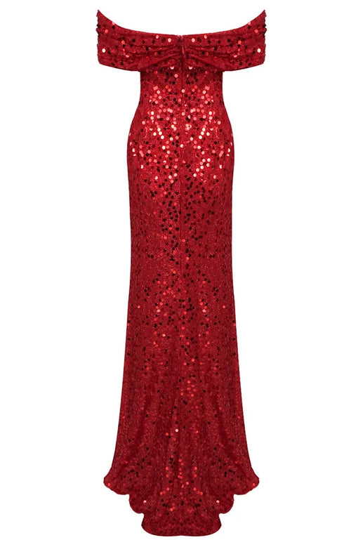 Bardot Draped Corset Sequin Maxi Dress Red