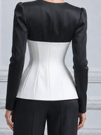 Black White Contrast Corset Satin Long Sleeve Blouse