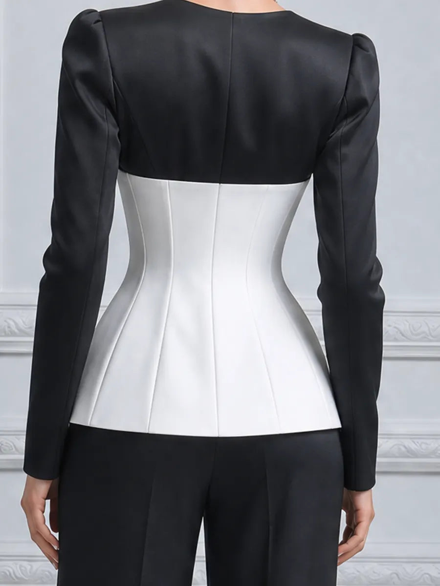 Black White Contrast Corset Satin Long Sleeve Blouse