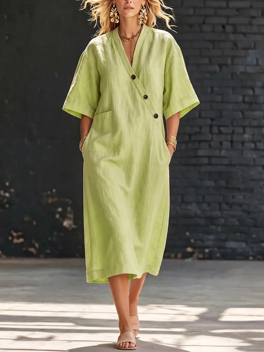 Cozy Buttons Loose-fit Cotton-linen Midi Dress