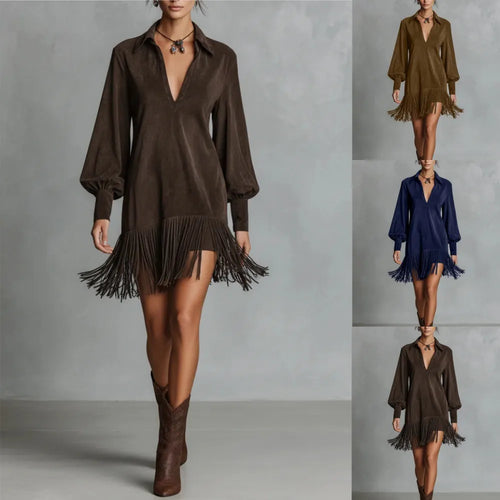 2026 New Arrival Women's Western-Style Faux Suede Fringe Hem Fitted Long-Sleeved V-Neck Dress
