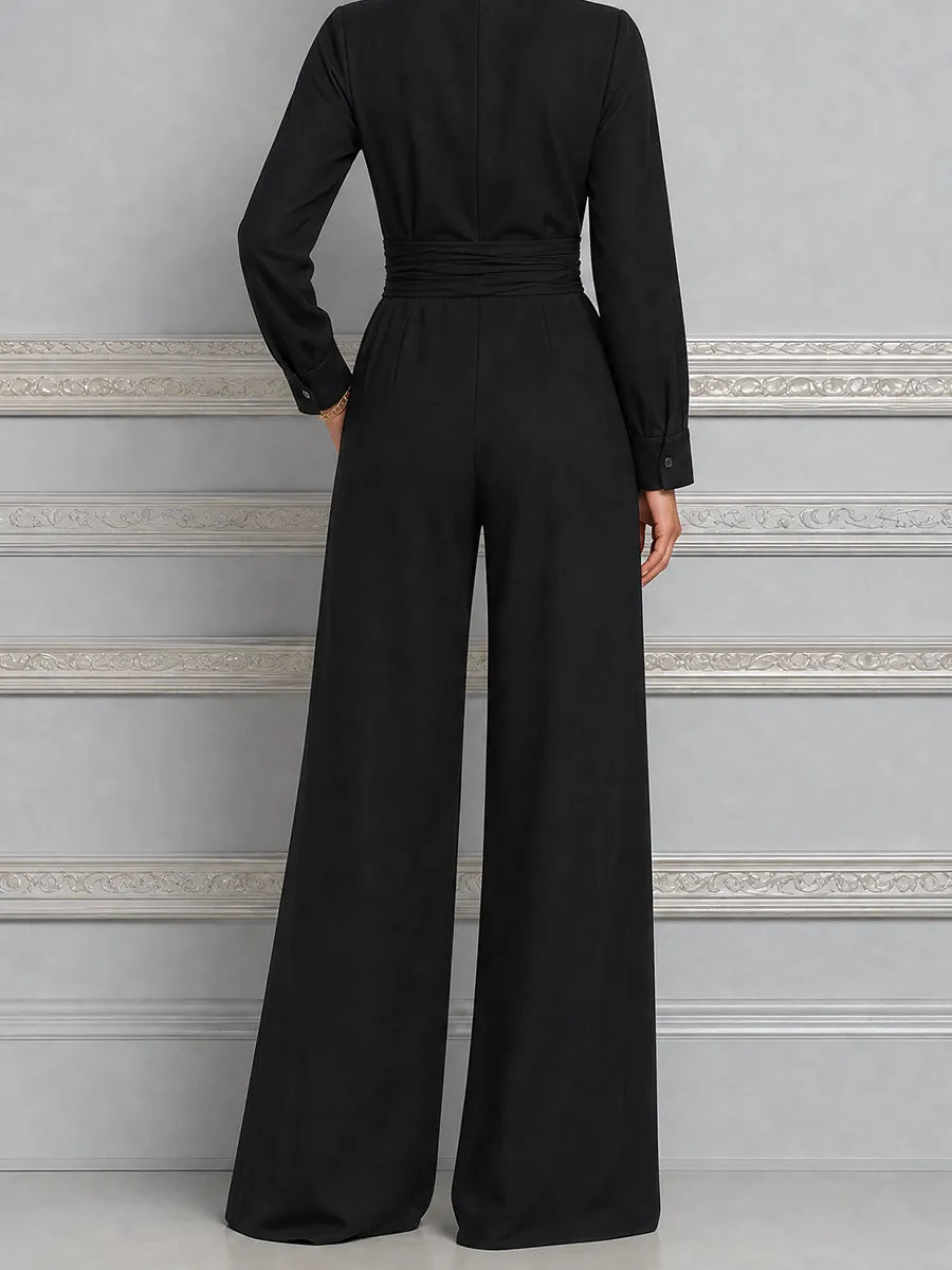 Black Fall Fashion Wrap V-Neck Wide Leg Jumpsuit
