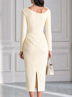 3D Rose Floral Asymmetrical Neck Ruched Midi Sheath Dress