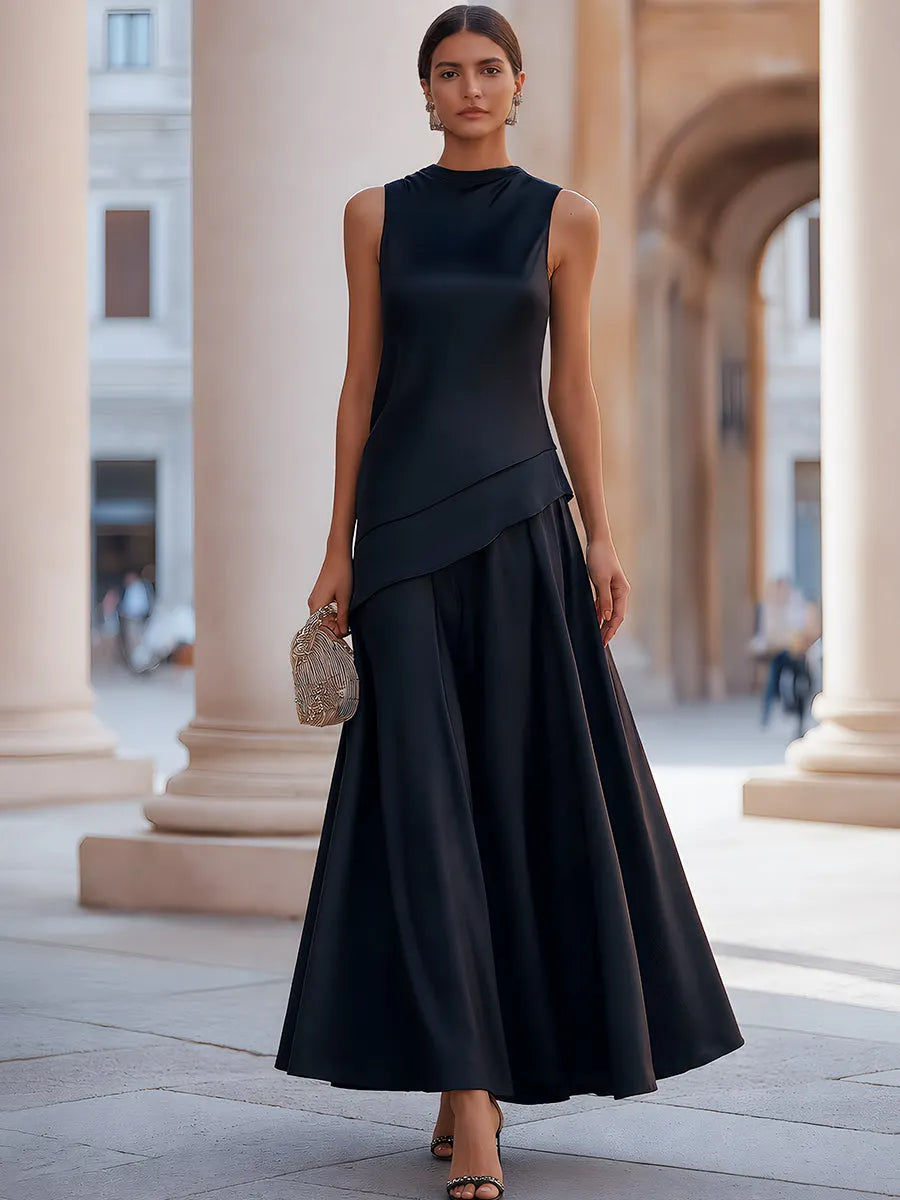 Asymmetrical Layered Sleeveless Maxi Dress Two-Piece Set