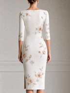 Ivory Floral Print Boat Neck Front Slit Midi Dress