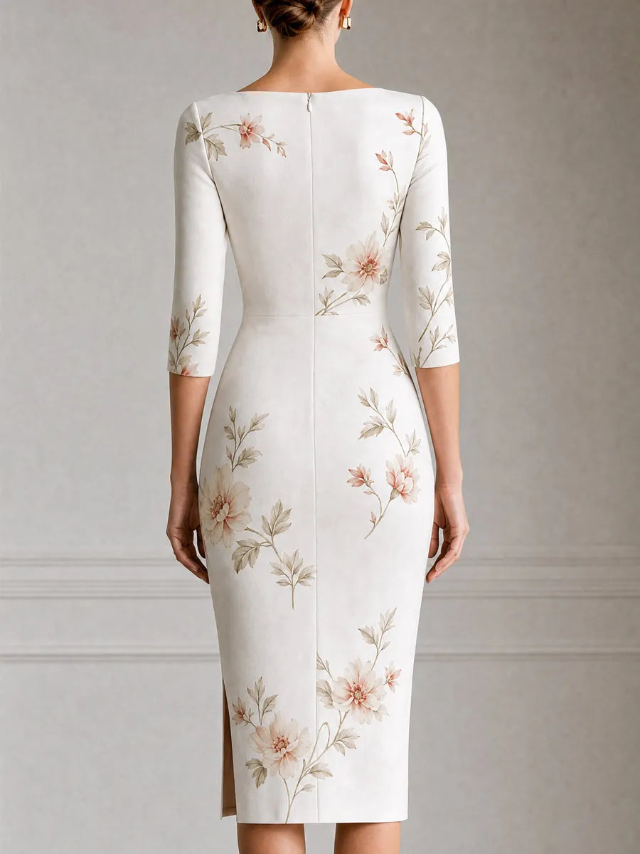 Ivory Floral Print Boat Neck Front Slit Midi Dress