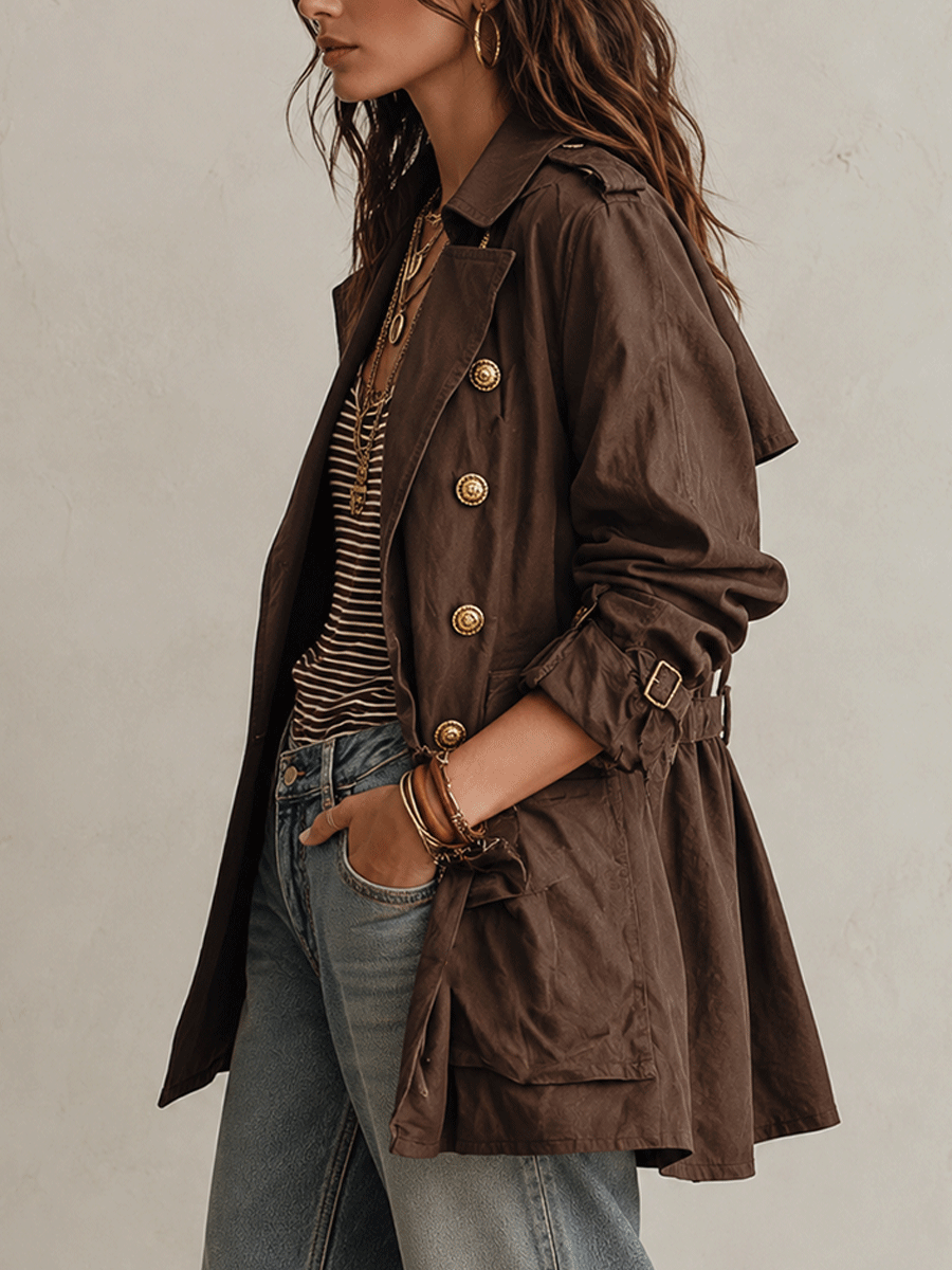 Utility Chic Cotton-Twill Double-Breasted Belted Chocolate Brown Trench Coat