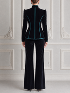 Black Contrast Trim Stand Collar Blazer & Flare Pants Set