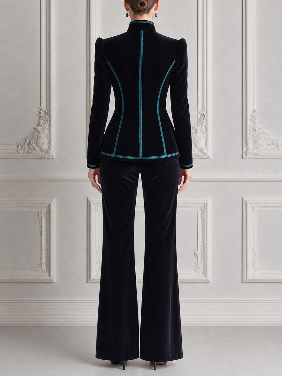 Black Contrast Trim Stand Collar Blazer & Flare Pants Set