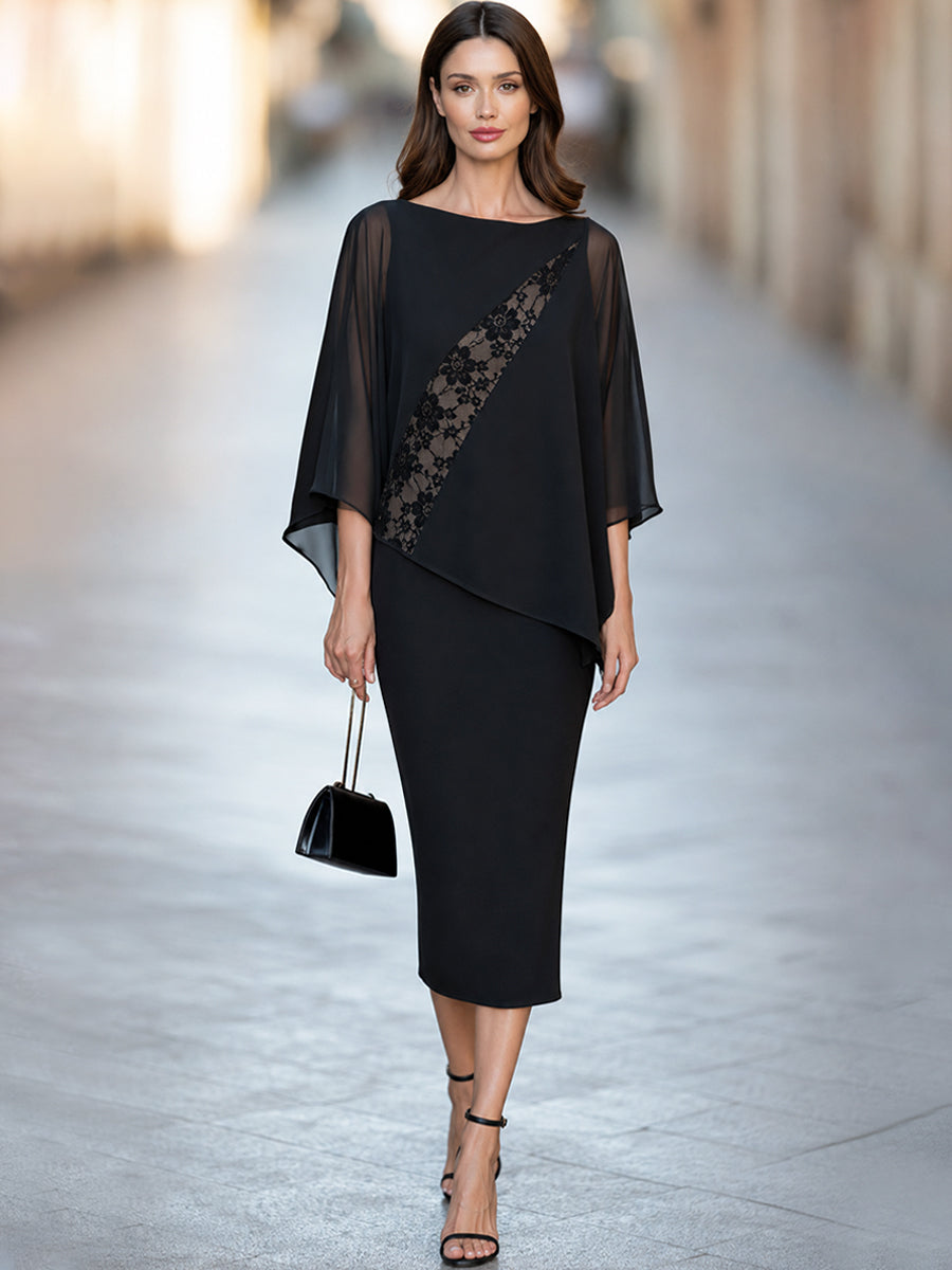 Elegant Chiffon & Lace-Inset Cape-Style Two-Piece Set