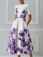 Ivory Purple Watercolor Iris Print Round Neck Pleated A-Line Midi Dress