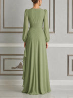 Green Dress Fall Wedding Guest Dress Wrap Ruffle Slit Maxi Dress