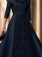 Draped Shawl-Collar Lace-Panel Midi Dress