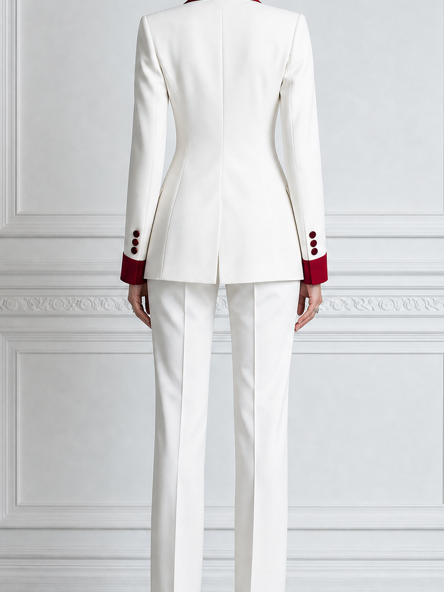White Red Contrast Double Breasted Blazer & Flare Pants Set