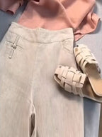 Women's Solid Color Button Half Elastic High Waist Casual Cotton and Linen Wide Leg Pants