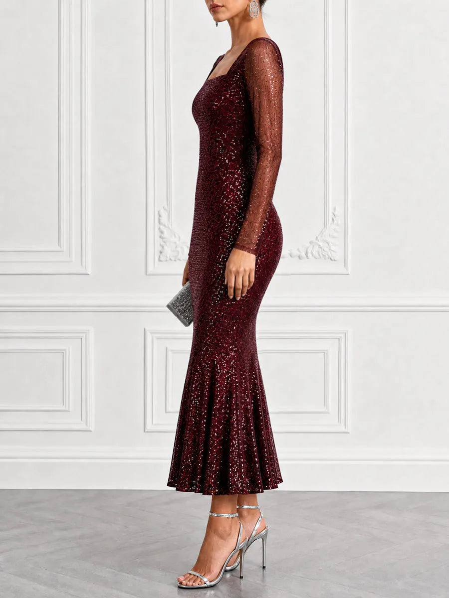 Square Neck Long Sleeve Formal Dress