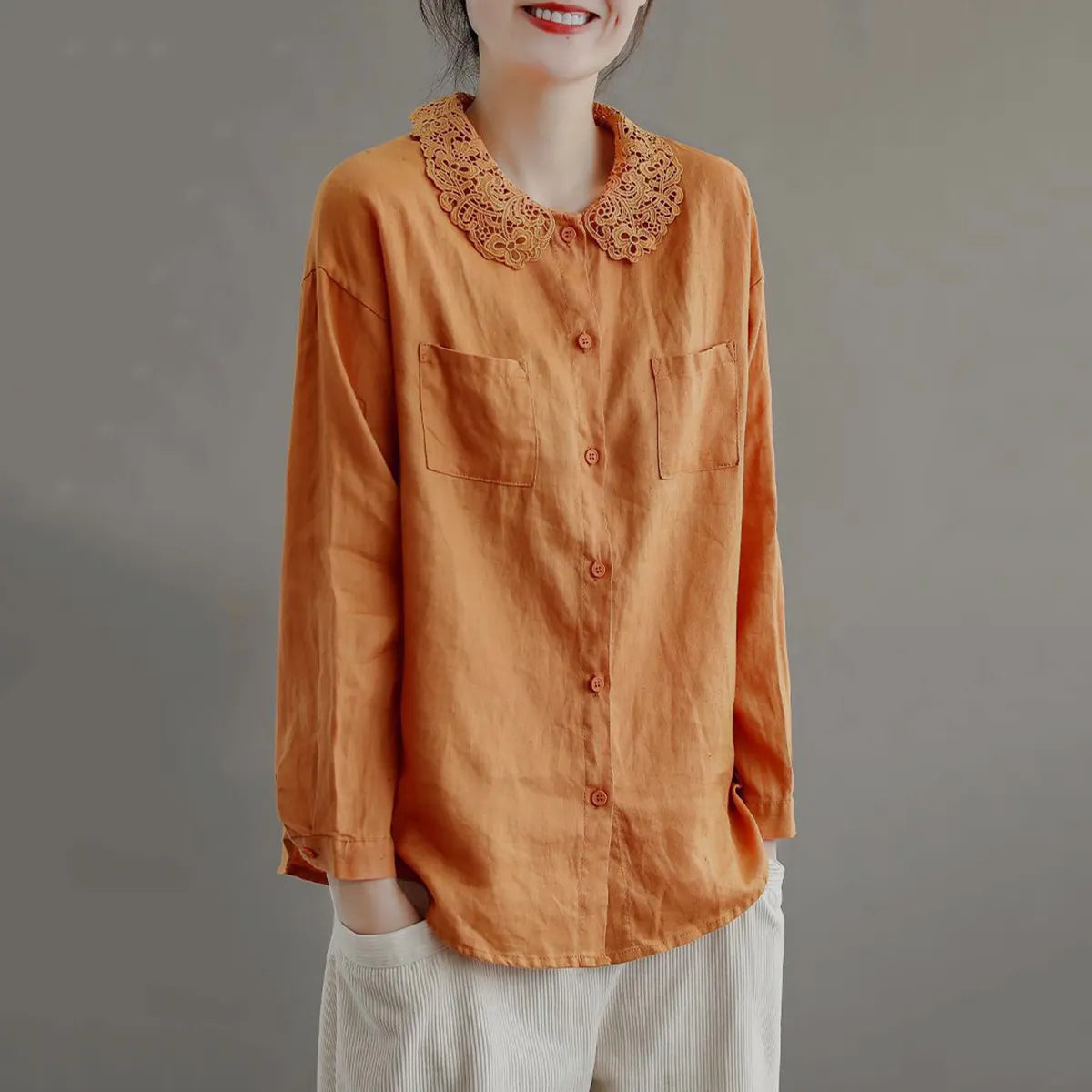 Vintage Women's Cotton Linen Lace Casual Shirt