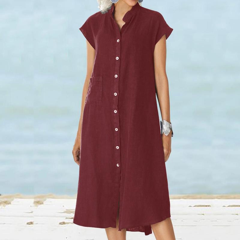 Stand Up Collar Button Down Cotton And Linen Dress With A Pocket