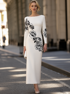 Women's Rose Floral Print Long Sleeve Bateau Neck Bodycon Maxi Dress