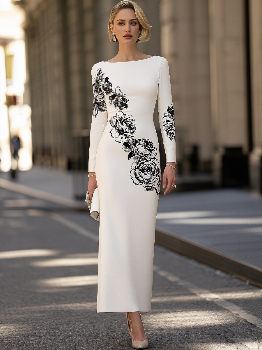 Women's Rose Floral Print Long Sleeve Bateau Neck Bodycon Maxi Dress