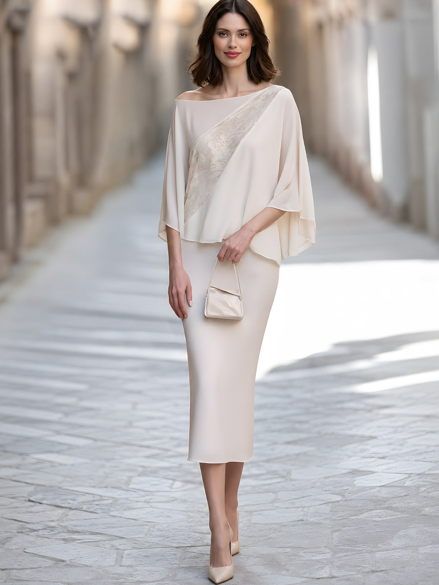 Ivory Lace Panel Draped Cape Blouse With Midi Skirt Set