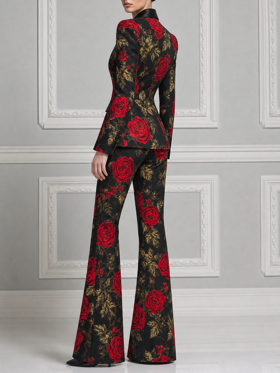Black Red Rose Tailored Blazer & Flare Pants Set