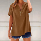 Solid Color Linen Blended V-neck Loose Blouse