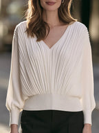 Pleated V-Neck Blouson Knit Sweater