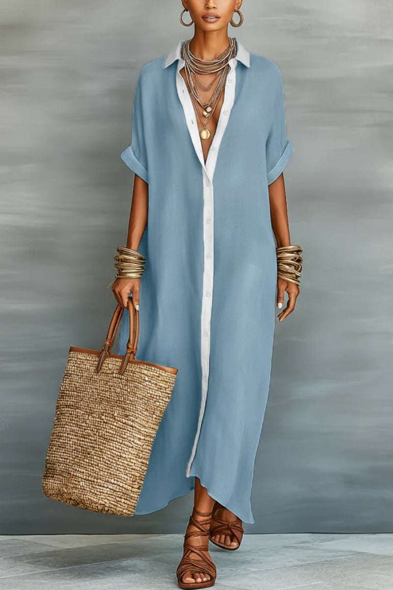 Women's Minimalist Linen Blend Short-sleeved Shirt Maxi Dress