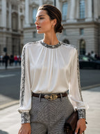 Satin Pleated Snake-Print Trim Blouse