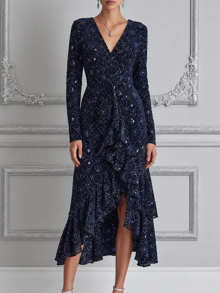 Navy Lace Dress Fall Wedding Guest Dress Ruffle High Low Midi Dress