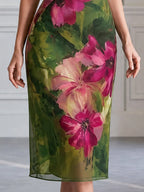 Elegant Floral Print Draped Cowl Neck Chiffon Midi Dress