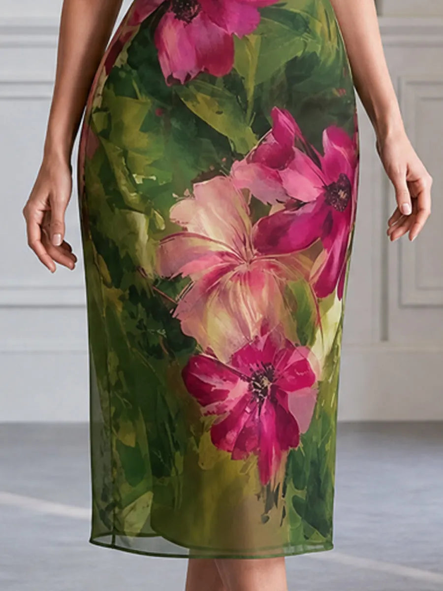 Elegant Floral Print Draped Cowl Neck Chiffon Midi Dress