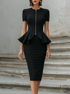 Zip Front Peplum Top & Pencil Skirt Tailored Set