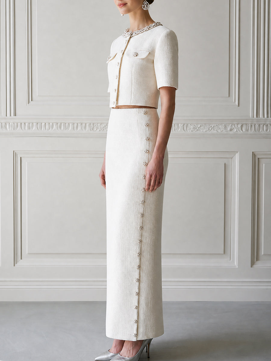 Tweed Crystal-Embellished Cropped Jacket & Maxi Skirt Two-Piece Set