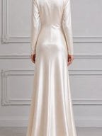 White Dress Satin Ruched Long Sleeve Maxi Dress