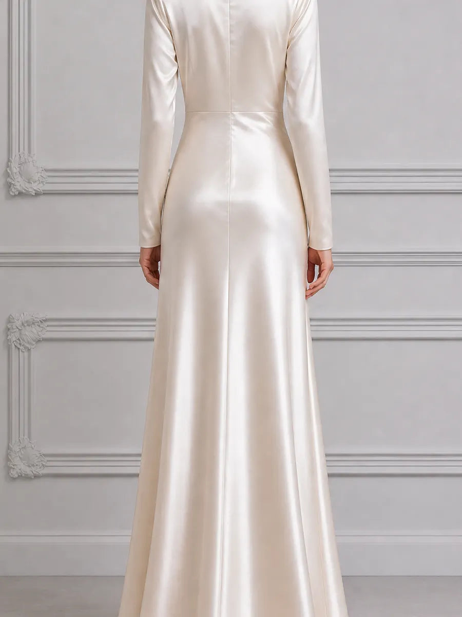White Dress Satin Ruched Long Sleeve Maxi Dress