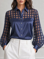 Grid Mesh Patchwork Satin Pearl Buttons Blouse