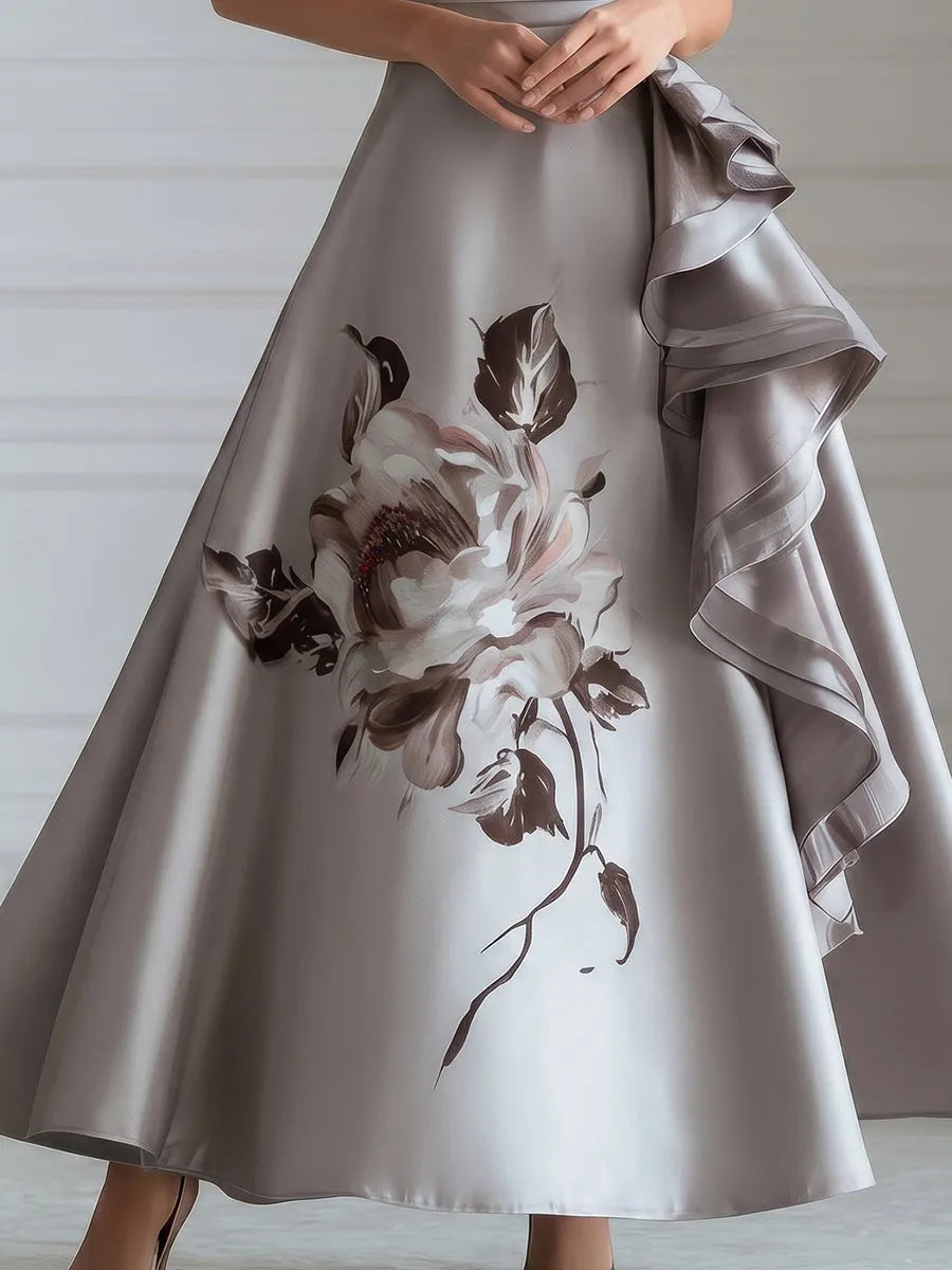 Sculptural Floral Ruffle Satin Evening Gown