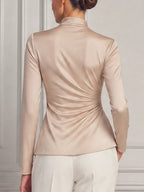 Champagne Satin High Neck Ruched Long Sleeve Blouse